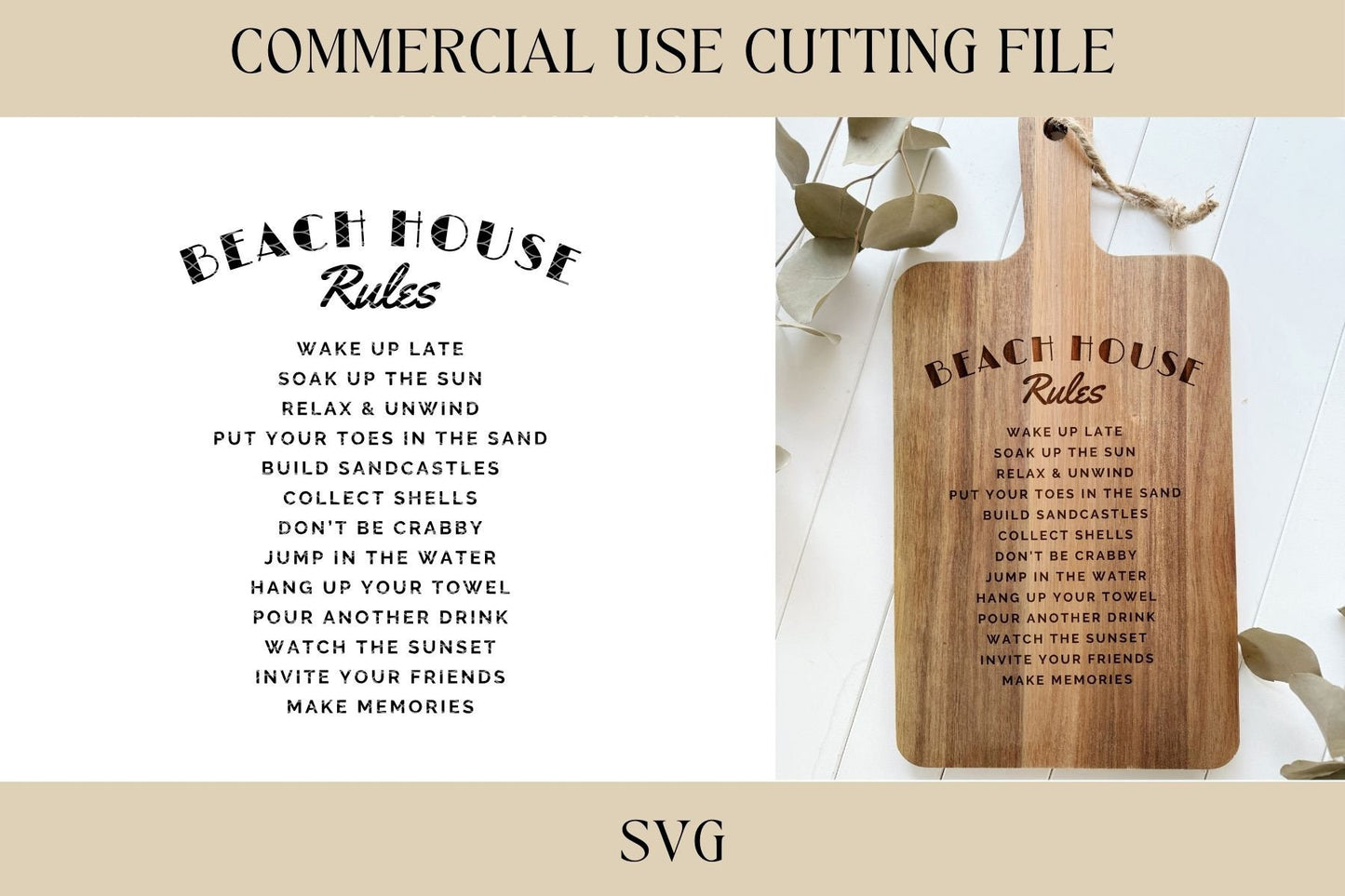 Beach House Rules Cutting Board Designs SVG | Key Tray SVG | Digital Download | Laser File | Housewarming | Beach Lake House