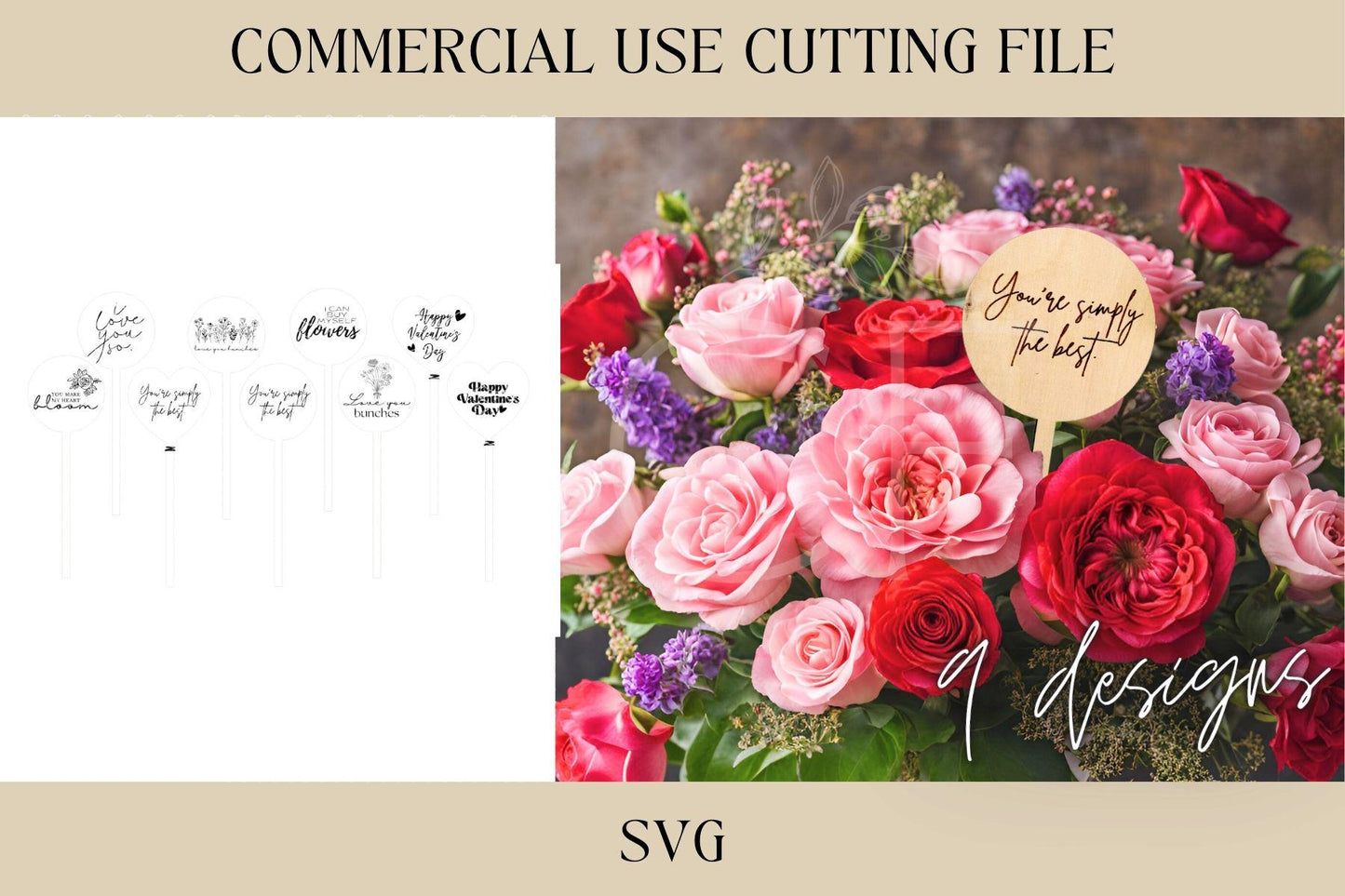 Valentines Day Bouquet Marker SVG, Flower Marker, Digital Download, Laser File, Happy VDay, Valentines Flowers, Flower Shop SVG, I Love You