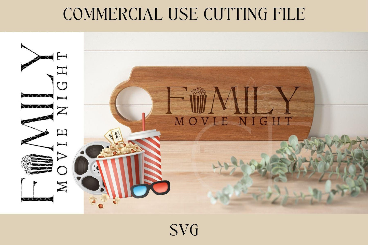 Family Movie Night Board Design SVG | Tray SVG | Digital Download | Laser File | New House Gift | Hostess | Charcuterie Board