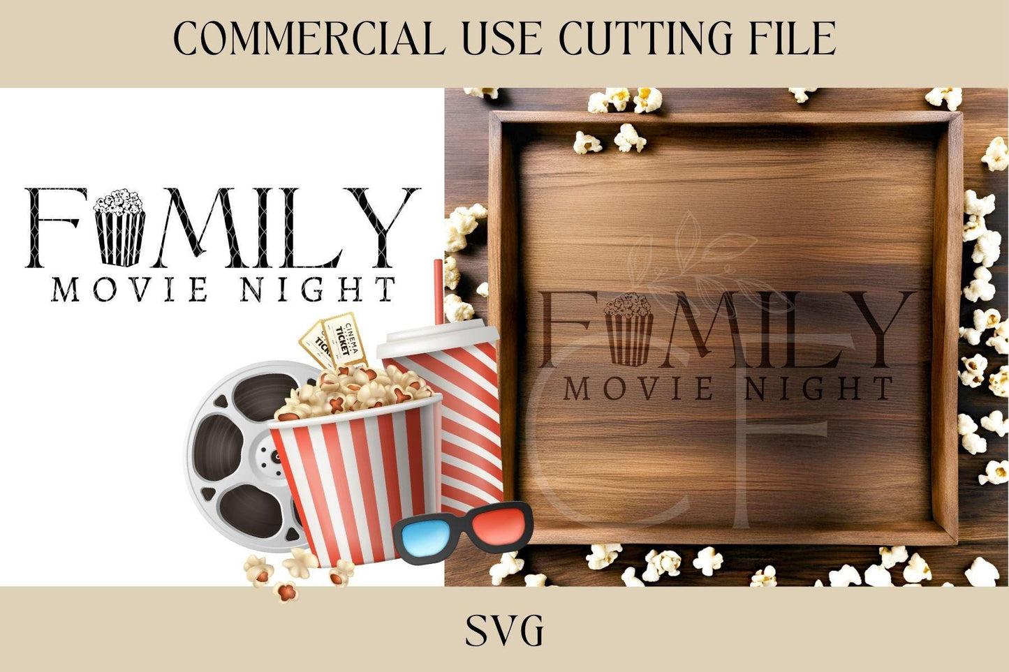 Family Movie Night Board Design SVG | Tray SVG | Digital Download | Laser File | New House Gift | Hostess | Charcuterie Board